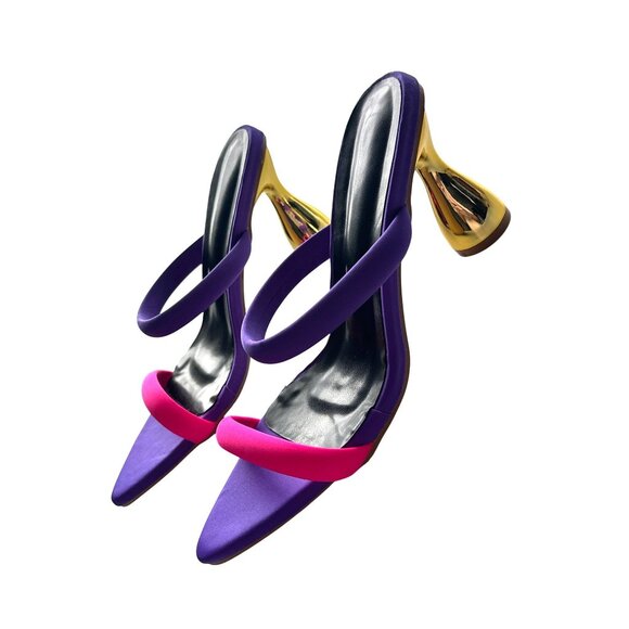 Gold Pyramid High Heel Mules Sandals Neon Pink & Purple Straps Chic Party Size 8 - Picture 4 of 9